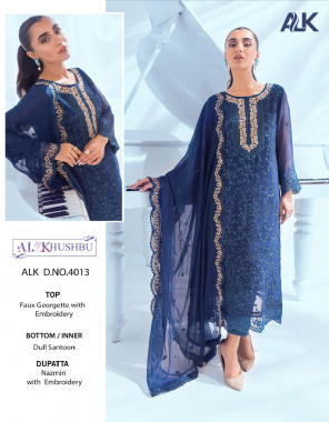 navy blue top - georgette with heavy embroidered | bottom - dull santoon with embroidery patch | dupatta - nazmin with heavy embroidery | inner - dull santoon  fabric embroidery work wedding 