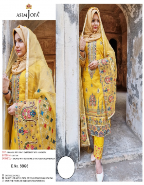 yellow top - organza with heavy embroidered with hand work | inner - dull santoon | bottom - dull santoon with embroidery patch | dupatta - organza fancy embroidery dupatta two side heavy work  fabric embroidery work wedding 