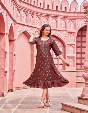brown fabric - rayon 14 kg | style - foil print anarkali | length - 45 approx | flair - 50 approx  fabric printed  work festive 