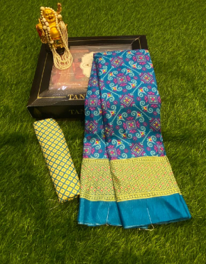sky blue printed paper silk saree with un stitched blouse  fabric printed  work ethnic 