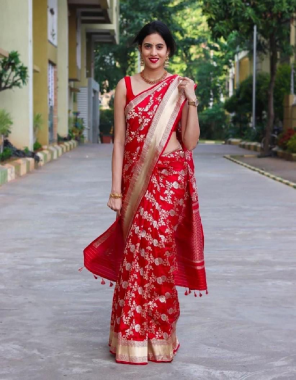 red fabric - soft lichi silk cloth | design - beautiful rich pallu & jacquard work on all over the saree | blouse - running exclusive jacquard border  fabric printed  work wedding 