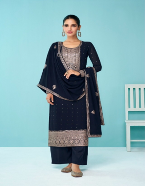 navy blue top - heavy faux georgette with embroidery 3mm sequence work with diamonds | sleeves - heavy faux georgette with embroidery 3mm sequence work with diamonds | dupatta - heavy faux georgette with 4 side embroidery 3mm sequence work | bottom - heavy santoon silk | bottom cut - 2.25 meter | top inner - heavy santoon joint top | length - max up to 50