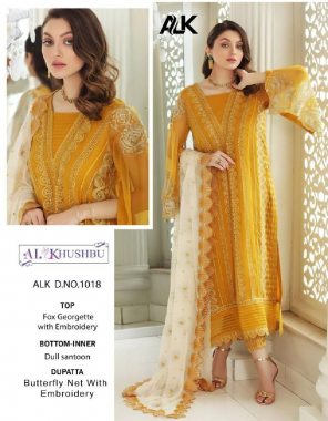 yellow  top - georgette with heavy embroidered | bottom -  santoon | dupatta - nazmin heavy embroidered | inner -  santoon (pakistani copy) fabric embroidery  work festive 