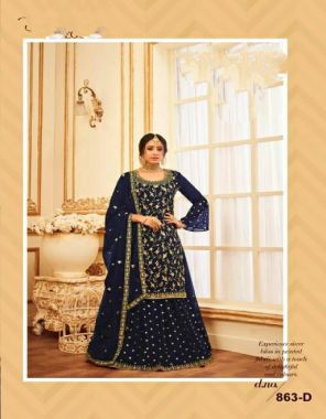 navy blue top - heavy faux georgette with embroidery sequance work | top inner - heavy santoon with joint top | sleeves - heavy faux georgette with embroidery sequance work | dupatta - heavy faux georgette with embroidery 4 side lace work | bottom - heavy faux georgette ( 2.30 m ) | inner bottom - heavy satin silk | length - max upto 44 | size - max upto 58  fabric embroidery work casual 