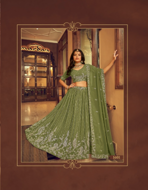pista green lehenga - faux georgette | flair - 4 meter | work - viscose thread + sequins embroidery work | size - free size up to 42| stitch type - semi stitched (standard cancan & canvas attached ) | blouse - faux georgette | work - viscose thread & sequins embroidery work | size - 1 meter | stitch type - unstitched | dupatta - faux georgette work - viscose thread & sequins embroidery work | size - 2.30 meter fabric embroidery  work festive 