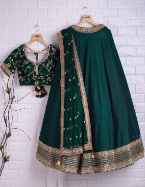 dark green choli - phantom silk (unstitch upto 44) | lehenga - phantom silk (inner - silk )(stitching type - semistitch upto 42)| cancan and canvas | flair - 3 meter | dupatta - net  fabric embroidery with sequence work festive 