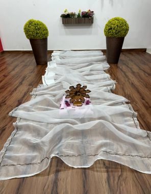 white saree - organza silk | cut - 5.5 |blouse - banglori silk (cut  - 0.90 m (unstitch)) fabric handwork + print work festive 