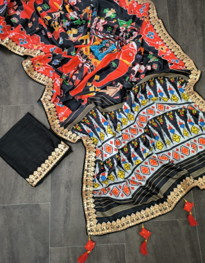 black fabric - soft vichitra silk with kalamkari digital print | blouse - banglory silk (material) | length - 5.5 mtr | blouse - 0.80 mtr fabric embroidery sequence  work festive 