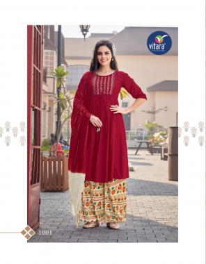 red top - heavy rayon with embroidery | plazo - pure airjet rayon with foil print | dupatta - viscose chanderi | length top - 48 fabric embroidery  work festive 