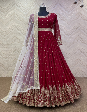 red gown fabric - heavy faux georgette | sleeve - full sleeve with embroidery 5mm sequence work | inner - heavy micro cotton | dupatta - heavy butterfly net | gown - fully stitched | length - 54 - 56 inch | flair - 3 mtr  fabric embroidery  work wedding 