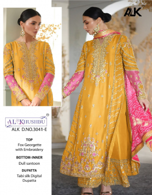 yellow top - georgette with heavy embroidered | bottom - dull santoon with embroidery patch | dupatta - tabi silk with digital print | inner - dull santoon (pakistani copy) fabric embroidery  work wedding 