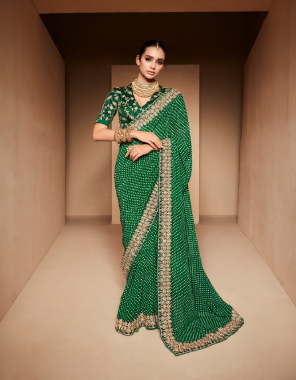 parrot green heavy weightless with embroidery border & blouse  fabric embroidery  work festive 