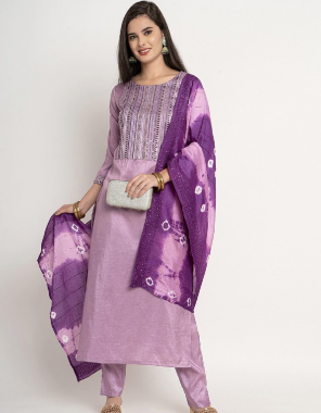 purple fabric - silk | top length - 46 inch | bottom length - 36 inches | dupatta fabric - organza chinon | dupatta length - 2.15 meter | sleeves - 3/4 sleeves | neck - round neck  fabric printed  work ethnic 