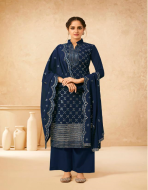 navy blue top - real georgette | inner - dull santoon | bottom - dull santoon | dupatta - real georgette fabric embroidery  work festive 
