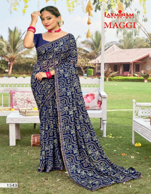 navy blue printed georgette saree with unstitched blouse fabric printed  work ethnic 