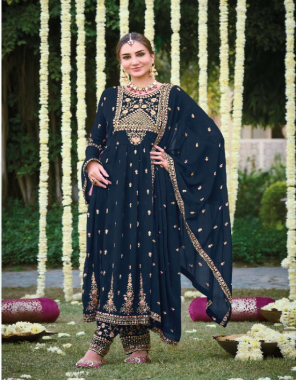 navy blue top - blooming georgette | bottom - blooming georgette | dupatta - blooming georgette | inner dull santoon | fully redaymade free size with margine  fabric embroidery  work festive 