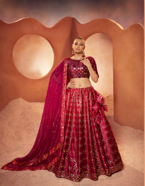 red lehenga - velvet | lehenga - sequins embroidered with all over mirror work (length - 42 inch ) | choli - velvet | choli - sequins embroidered with all over mirror work (length - 0.80 mtr) | dupatta - georgette or art silk | dupatta - sequins embroidered with all over mirror work (length - 2.40 mtr) | size - upto 42 bust and waist  fabric sequins with embroidered  work wedding 