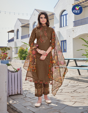 brown top - delta silk (imported fabric ) | bottom - delta silk (imported fabric ) | dupatta - organza digital prints | length top - 46 fabric printed  work ethnic  