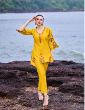 yellow top - natural silk fabric with embroidery work | bottom - natural silk pant with both side pocket  fabric embroidery  work ethnic  