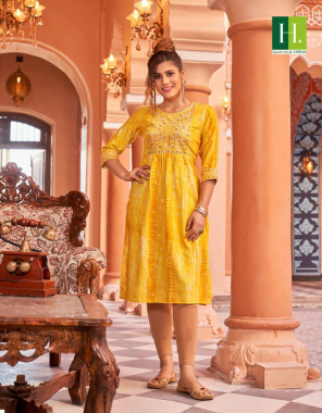 yellow fabric - heavy rayon foil prints | concept - naira cut | embroidery work | length - 45 