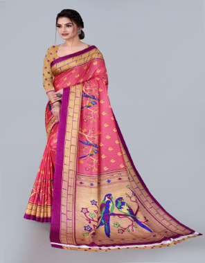 pink printed paper silk saree with un stitched blouse  fabric printed  work wedding 
