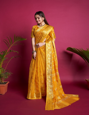 yellow fabric - art silk | blouse - running | awesome heavy saree with block print | work - block print (master copy) fabric printed  work wedding 