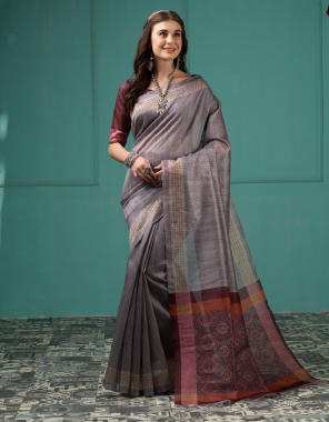 grey silk blend saree  fabric printed  work ethnic 