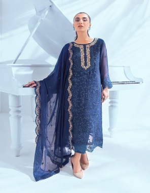 navy blue  top - georgette embroidered | bottom - santoon with embroidered payal bunches | dupatta - nazmin embroidered with bordered pech | inner - santoon (pakistani copy) fabric embroidery  work ethnic 