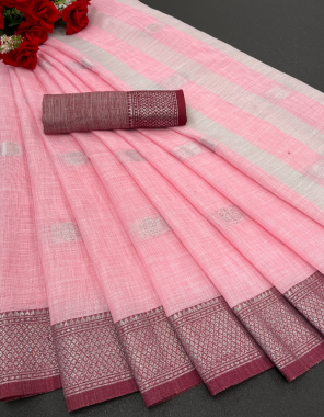 baby pink fabric - pure mecerised pure cotton silk in exclusive border design silver zari flower pattern | blouse - running pure cotton | saree - 5.5 mtr | blouse - 0.80 mtr contrast matching blouse with contrast pallu  fabric printed  work ethnic 