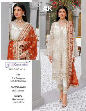 white top - faux georgette with embroidered | bottom - dull santoon | dupatta - nazmin with embroidery | inner - dull santoon (pakistani copy) fabric embroidery  work festive 
