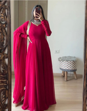 pink fabric - heavy faux georgette with micro cotton and full sleeve gown | gown inner - micro cotton | length - 54 inch | gown flair - 4.5 mtr | dupatta fabric - heavy faux georgette and four side lace border | dupatta length - 2.10 mtr (master copy) fabric sequence  work casual 