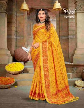 yellow organza silk fabric with rich pallu  fabric printed  work wedding 