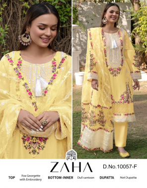 yellow top - georgette with heavy embroidered | bottom - dull santoon with work | dupatta - butterfly net with heavy embroidery | inner - santoon (pakistani copy) fabric embroidery work wedding 