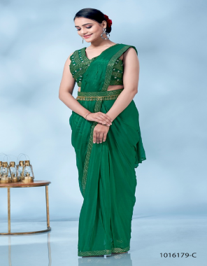 dark green saree pure chinon fabric with sequins work border + belt | blouse - exqusite handwork | size - 36 (ready) | 2 - 2 inch margin extended 40 | sleeves inside fabric sequence  work wedding 