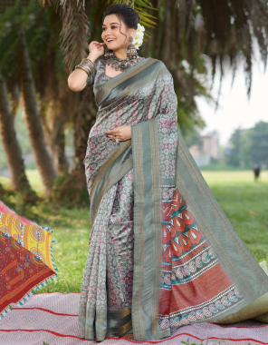 grey dola silk saree fabric printed  work ethnic 
