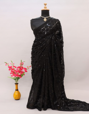 black saree fabric - georgette | saree length - 5.50 mtr | saree work - 5 mm sequence work with back patch support lace border with piping | blouse fabric - satin banglori silk | blouse length - 1 mtr (master copy) fabric sequence  work festive 