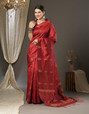 red silk blend woven design designer saree with blouse piece fabric printed  work festive 