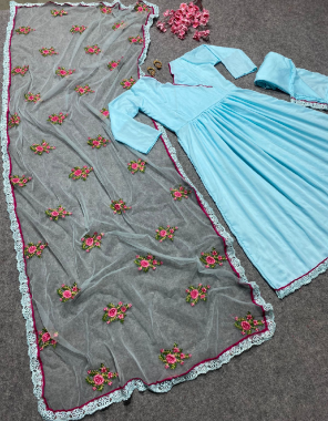 sky blue top - heavy pure soft maska cotton silk , fancy less with full sleeves | top inner - micro cotton | top size - free xl (42) fully stitched complete ready to wear  | top length - 41 - 42 inch |pent - heavy pure soft maska cotton silk with fancy less (pent free size stitched) | dupatta - heavy butterfly net with embroidery work and fancy less (dupatta size - 2.40 meter) fabric embroidery  work ethnic 