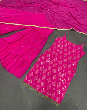 pink top - faux georgette with inner | work - 9mm sequence with thread work | sharara plazo - faux georgette with inner | work - 9mm sequence with thread work| size - free (with elastic) | dupatta - faux georgette | work - 9mm sequence with thread work | size - 2.2 m  fabric sequence  work ethnic 