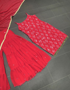 red top - faux georgette with inner | work - 9mm sequence with thread work | sharara plazo - faux georgette with inner | work - 9mm sequence with thread work| size - free (with elastic) | dupatta - faux georgette | work - 9mm sequence with thread work | size - 2.2 m  fabric sequence  work festive 