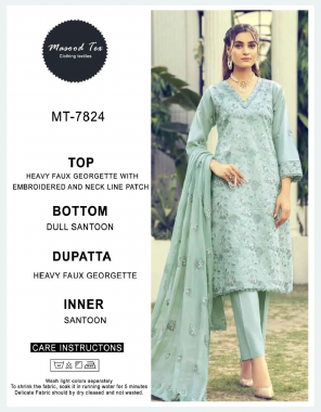pista  top - heavy faux georgette with embroidered and neck line patch | bottom - dull santoon | dupatta - heavy faux georgette | inner - santoon  fabric embroidery work wedding 