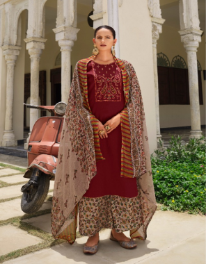 maroon top - 100% pure heavy jam cotton with heavy embroidery work (2.50 mtrs) | dupatta - pure nazneen chiffon print (2.30 mtr) | bottom - pure soft cotton printed salwar (3 mtr apx) fabric embroidery work wedding 