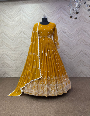 yellow gown - heavy faux georgette | work - heavy embroidery 9mm sequence work with fancy stitched belt | sleeve - full sleeve with embroidery 9mm sequence work | inner - heavy micro cotton | dupatta - heavy fox georgette | work - embroidery 9mm sequence work with fancy lace border | gown - fully stitched | length - 54 - 56 inch | flair - 3 mtr | size - xl stitched with xxl margin  fabric embroidery  work wedding 