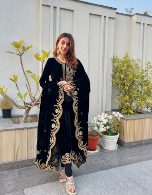 black gown - heavy viscose velvet with heavy embroidery work with long sleeves with work | inner - micro cotton | size - upto 42 xl free size (ready to wear) | flair - 3 mtr | length - 40 - 41 inches | bottom - soft viscose velvet (ready to wear free size) | dupatta - heavy viscose velvet with embroidery work with heavy embroidery lace border  fabric embroidery  work wedding 