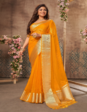 yellow fabric - organza base | work - jacquard | blouse fabric - fancy fabric | saree cut - 5.50 | blouse - 1 mtr  fabric printed  work ethnic 