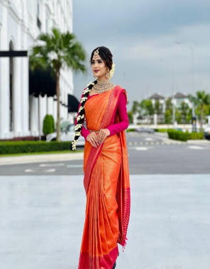 orange fabric - soft lichi silk cloth | blouse - contrast with exclusive jacquard border (master copy) fabric printed  work ethnic 