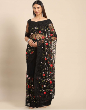 black net fabric saree with un stitched blouse  fabric embroidery  work festive 
