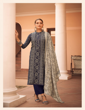 navy blue top - blossom cotton designer print with exclusive neck & lace work | bottom - semi lawn | dupatta - cotton full  embroidery work with arco lace work  fabric embroidery  work ethnic 