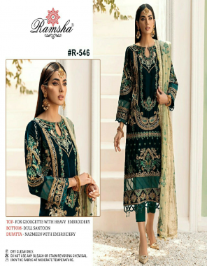 dark green top - fox georgette with embroidery | dupatta - nazmeen with embroidery | bottom / inner - santoon fabric embroidery  work festive 