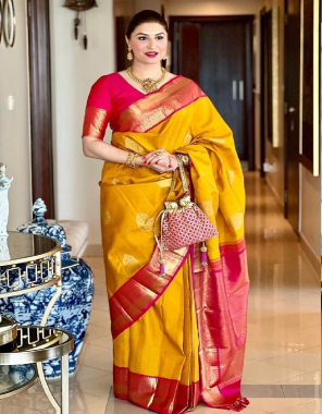 yellow fabric - soft lichi silk cloth | blouse - exclusive jacquard border ( master copy) fabric printed  work wedding 